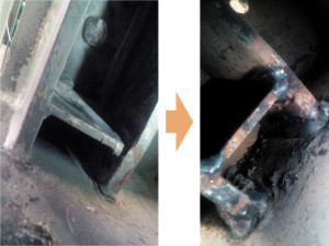 【溶接割れ】 過負荷により溶接割れを確認。 溶接部を再溶接し補強。